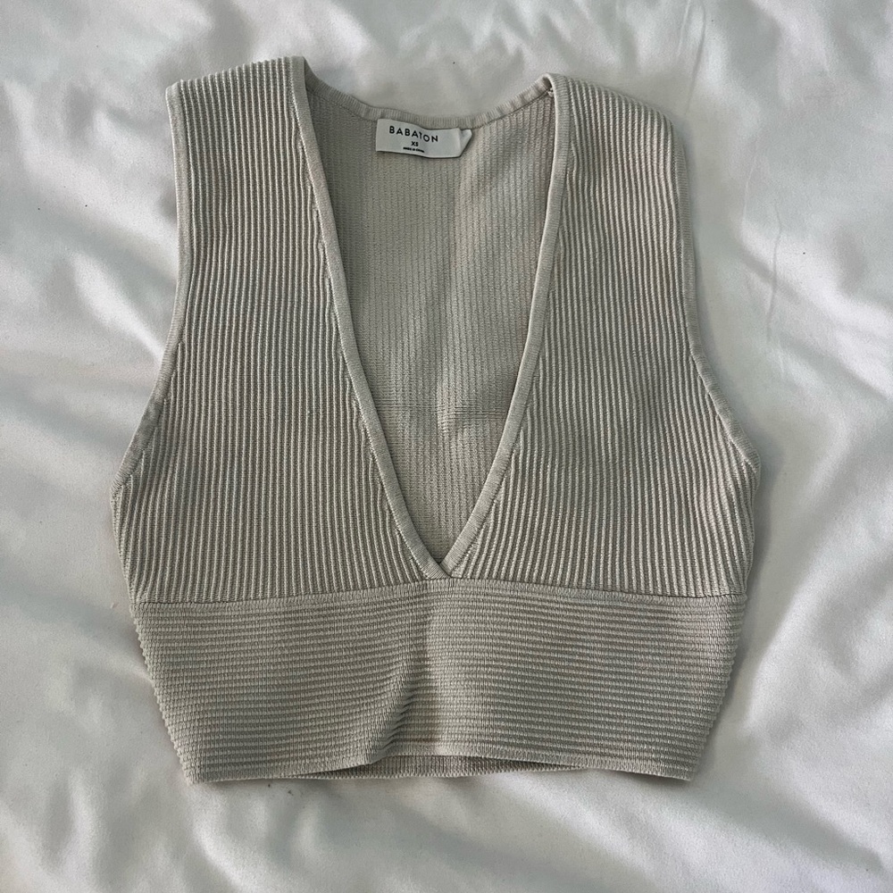 Aritzia Babaton Beige Ribbed Knit Crop Top